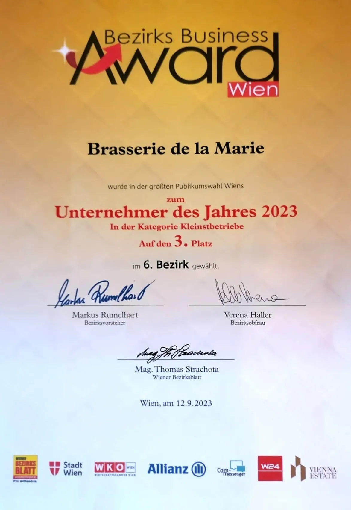 Certificate of the Bezirks Business Award 2023 for Brasserie de la Marie