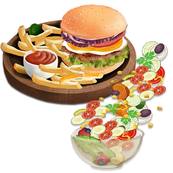 Burger with French fries and mixed salad from Brasserie de la Marie