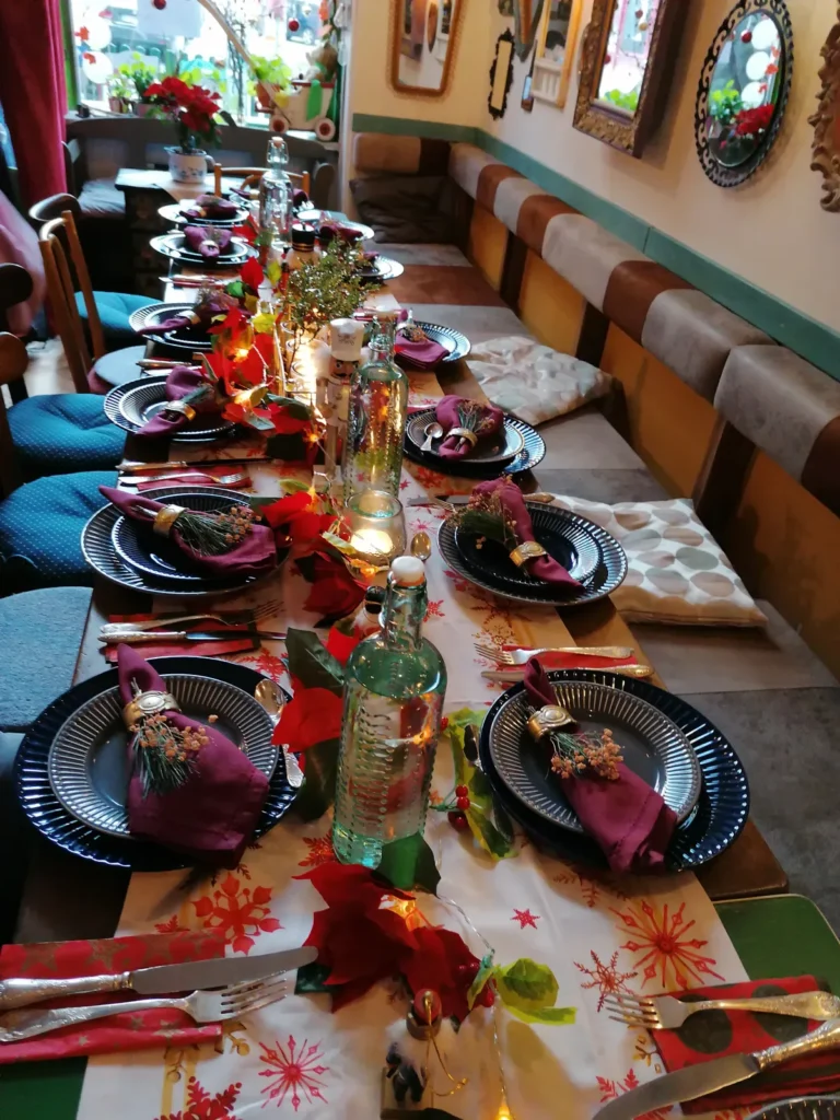 Festively laid table in the rented restaurant